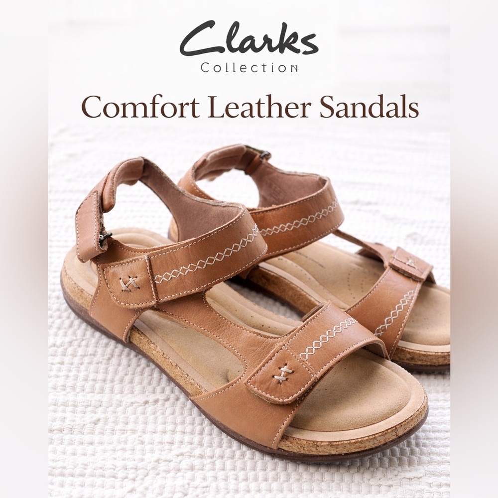 Clarks Collection Brown Leather Sandals Size 10 Comfort velcro heel pad